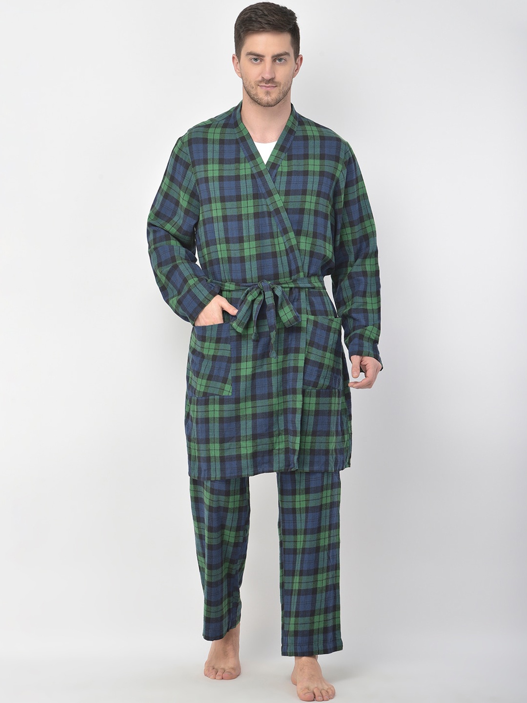 

Oxolloxo Men Green & Blue Printed Cotton Bathrobe