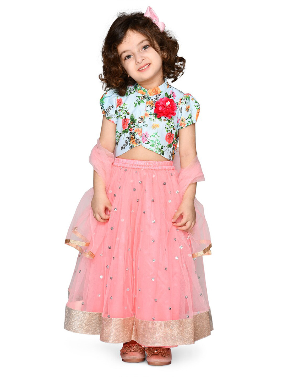 

SAKA DESIGNS Girls Blue & Pink Sequinned Ready to Wear Lehenga & Blouse With Net Dupatta