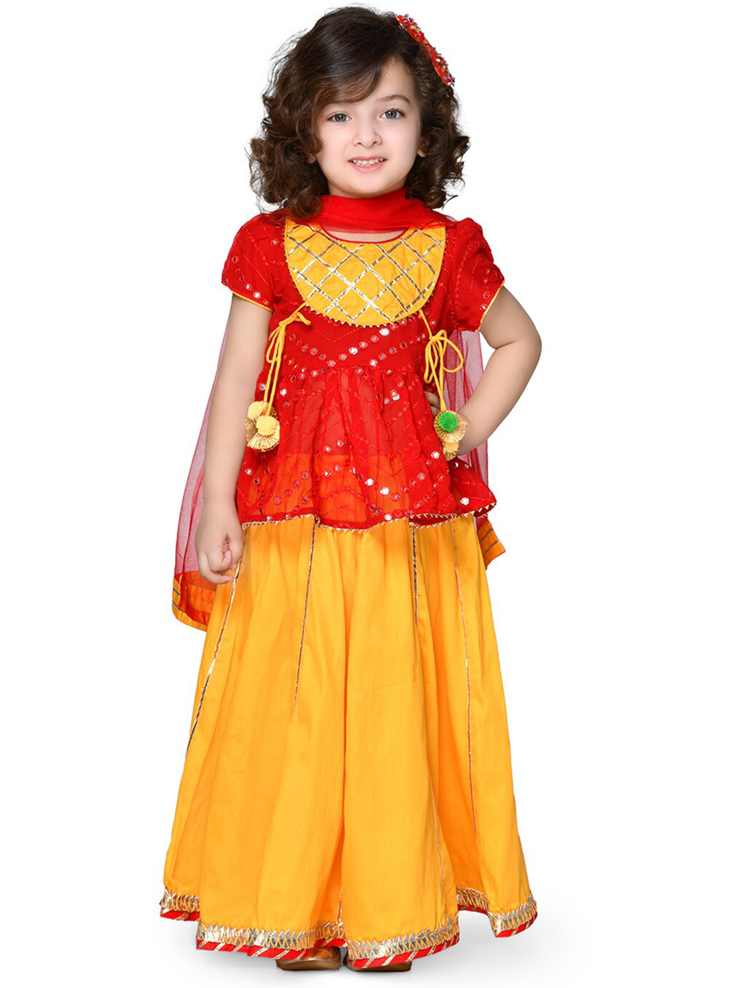 

SAKA DESIGNS Girls Yellow & Red Embroidered Thread Work Ready to Wear Lehenga & Blouse With Dupatta