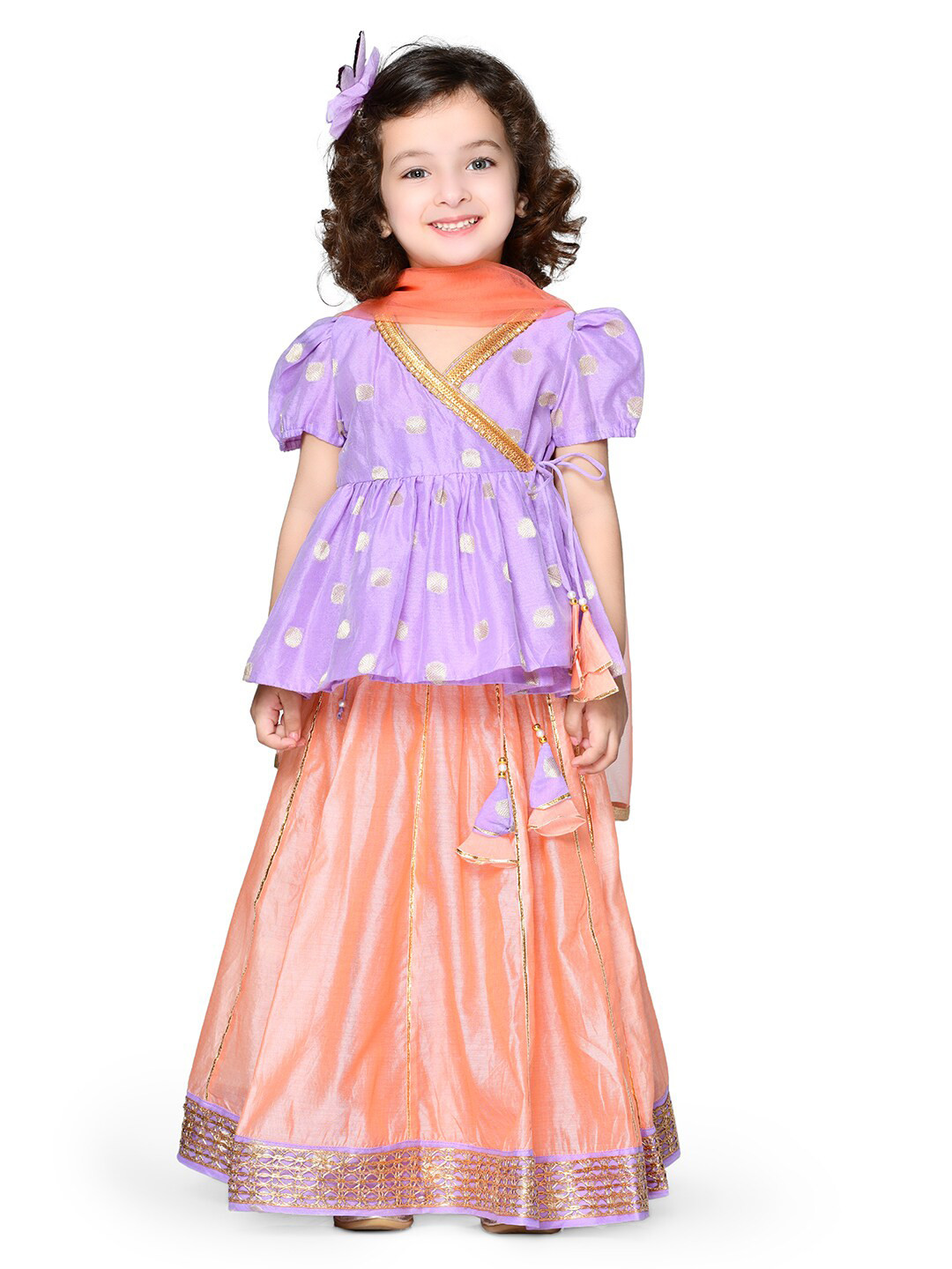 

SAKA DESIGNS Girls Mauve & Orange Embellished Ready to Wear Lehenga & Blouse With Dupatta