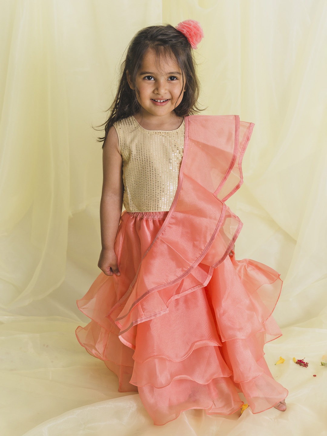 

SAKA DESIGNS Girls Peach & Gold Ready To Wear Lehenga Choli With Flared Dupatta