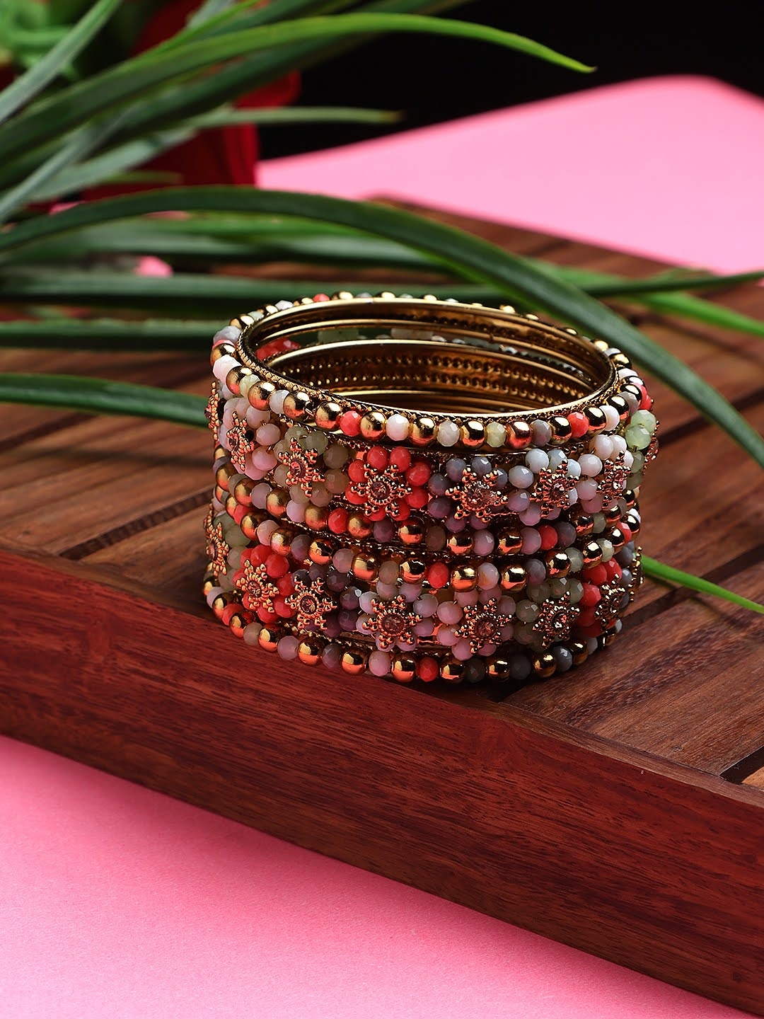 

Adwitiya Collection Set of 6 Gold-Plated Stone Studded Brass Bangles