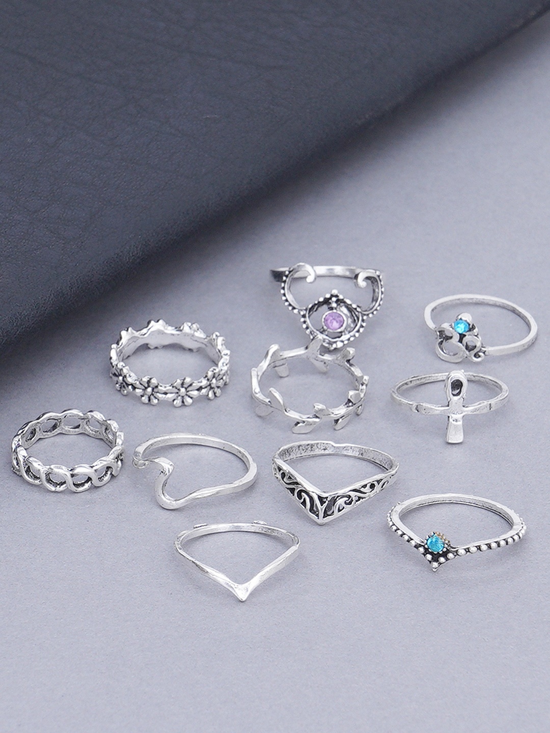 

KARATCART Set Of 10 Oxidised Silver-Plated Blue & Purple Stone-Studded Finger Rings