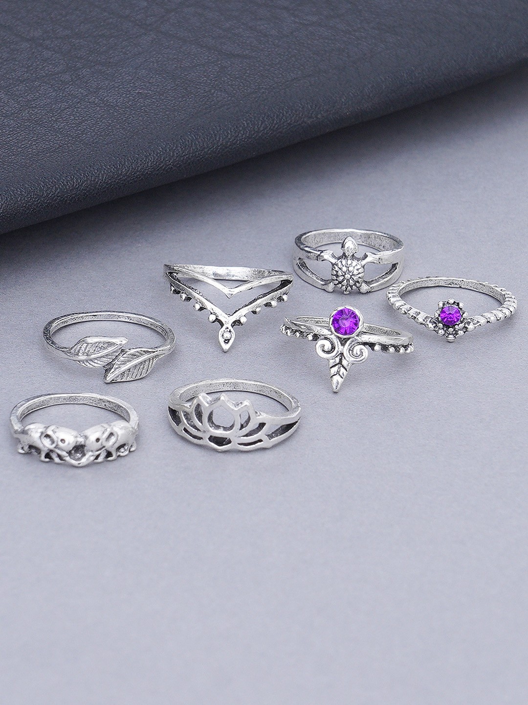 

KARATCART Set Of 7 Oxidised Silver-Plated & Purple Finger Rings