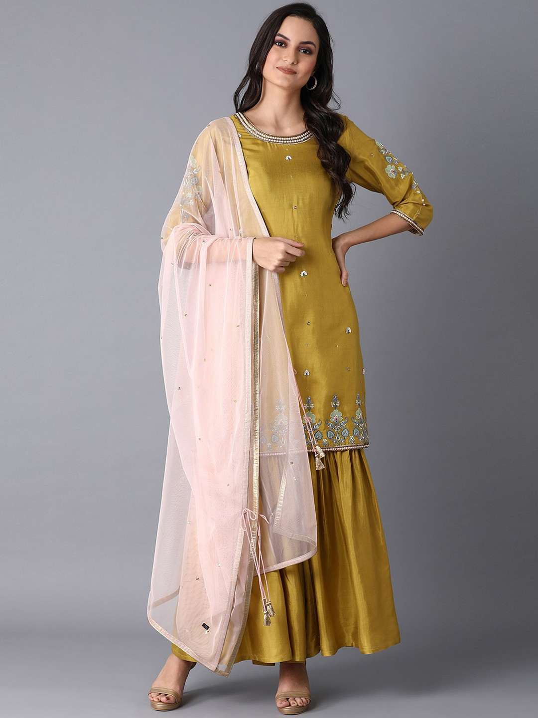 

WISHFUL Women Green Floral Embroidered Kurta with Sharara & With Dupatta, Olive