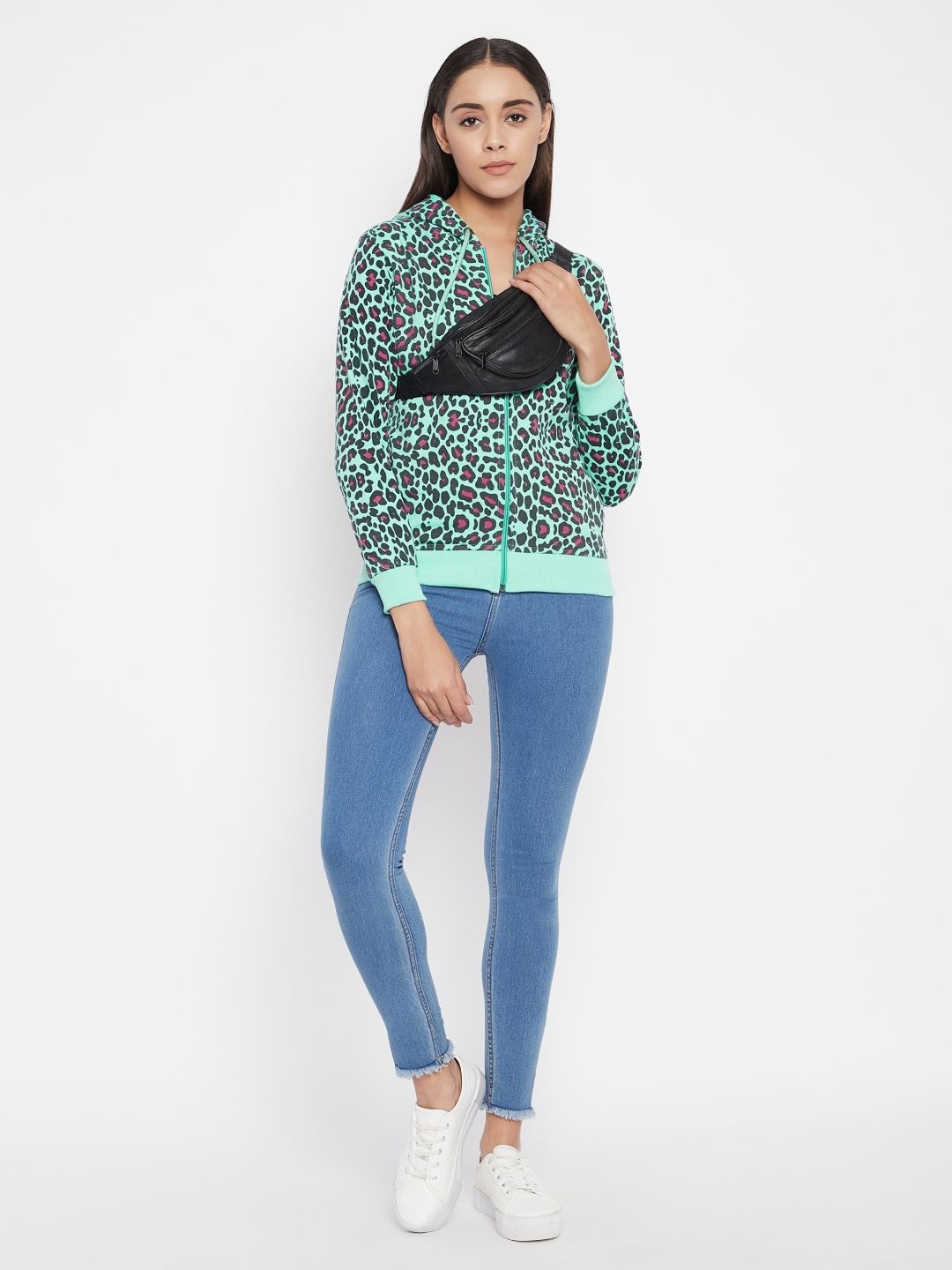 

Uptownie Lite Women Green Printed Hooded Sweatshirt