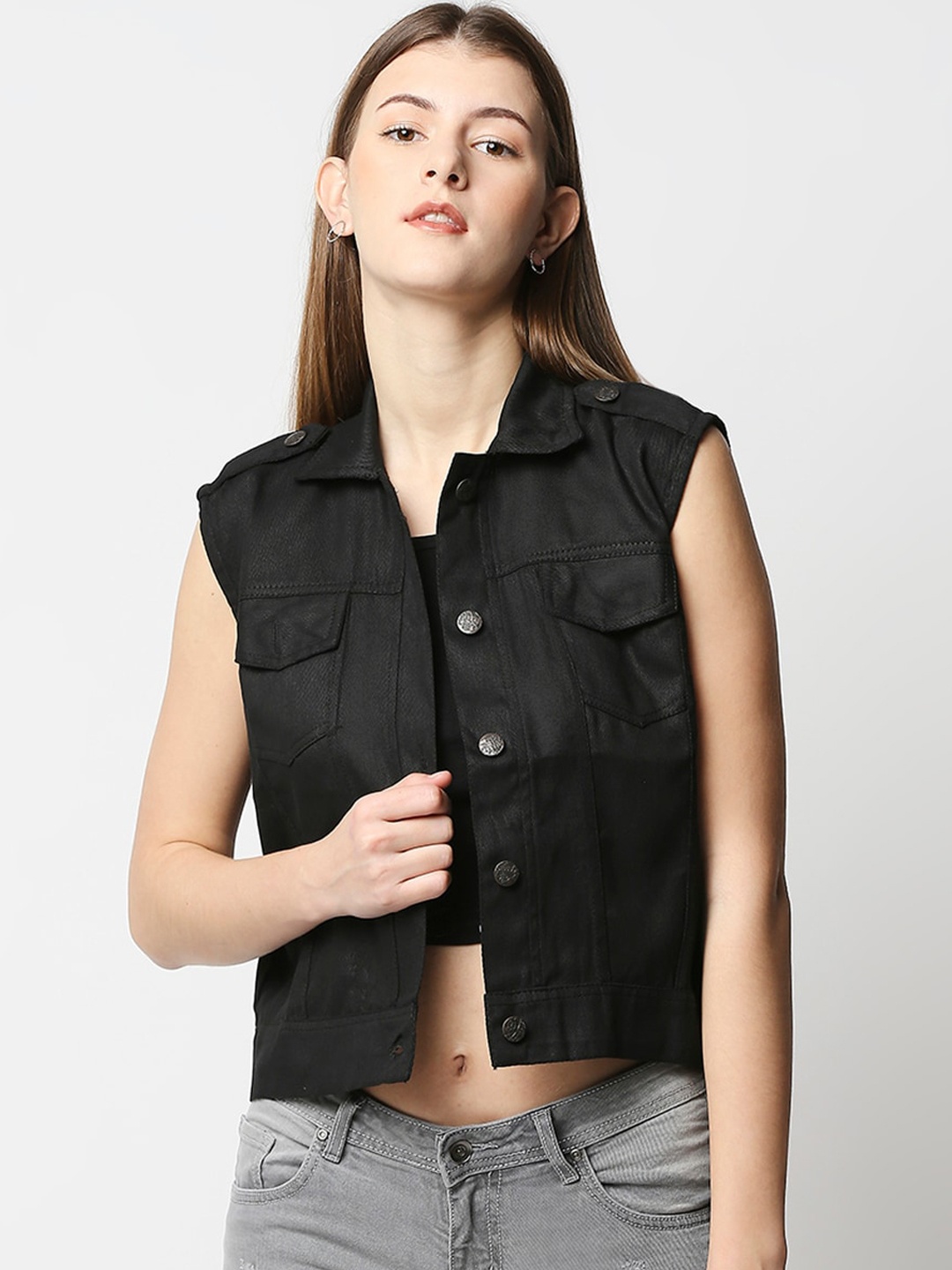 

High Star Women Black Solid Lightweight Crop Denim Jacket