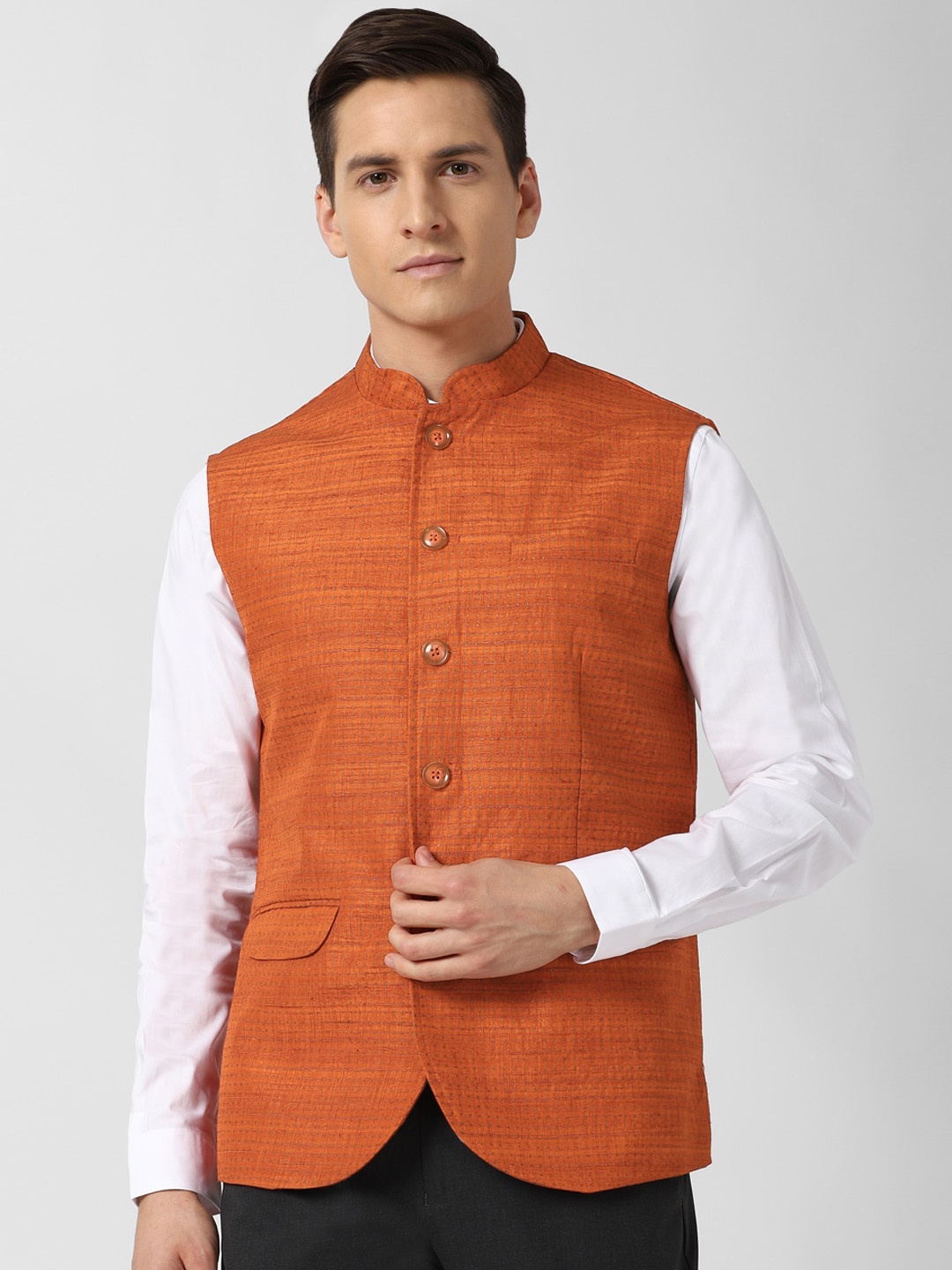 

Peter England Elite Orange Printed Woven Nehru Jacket