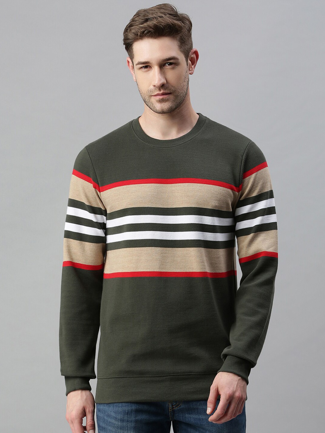 

SHOWOFF Men Olive Green Striped Sweatshirt