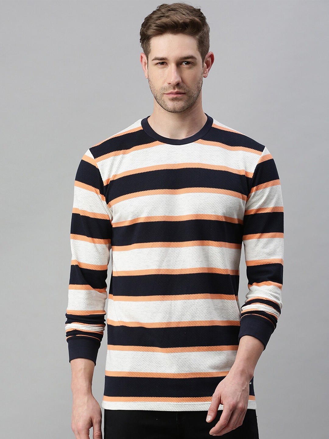 

SHOWOFF Men White & Orange Striped Sweatshirt