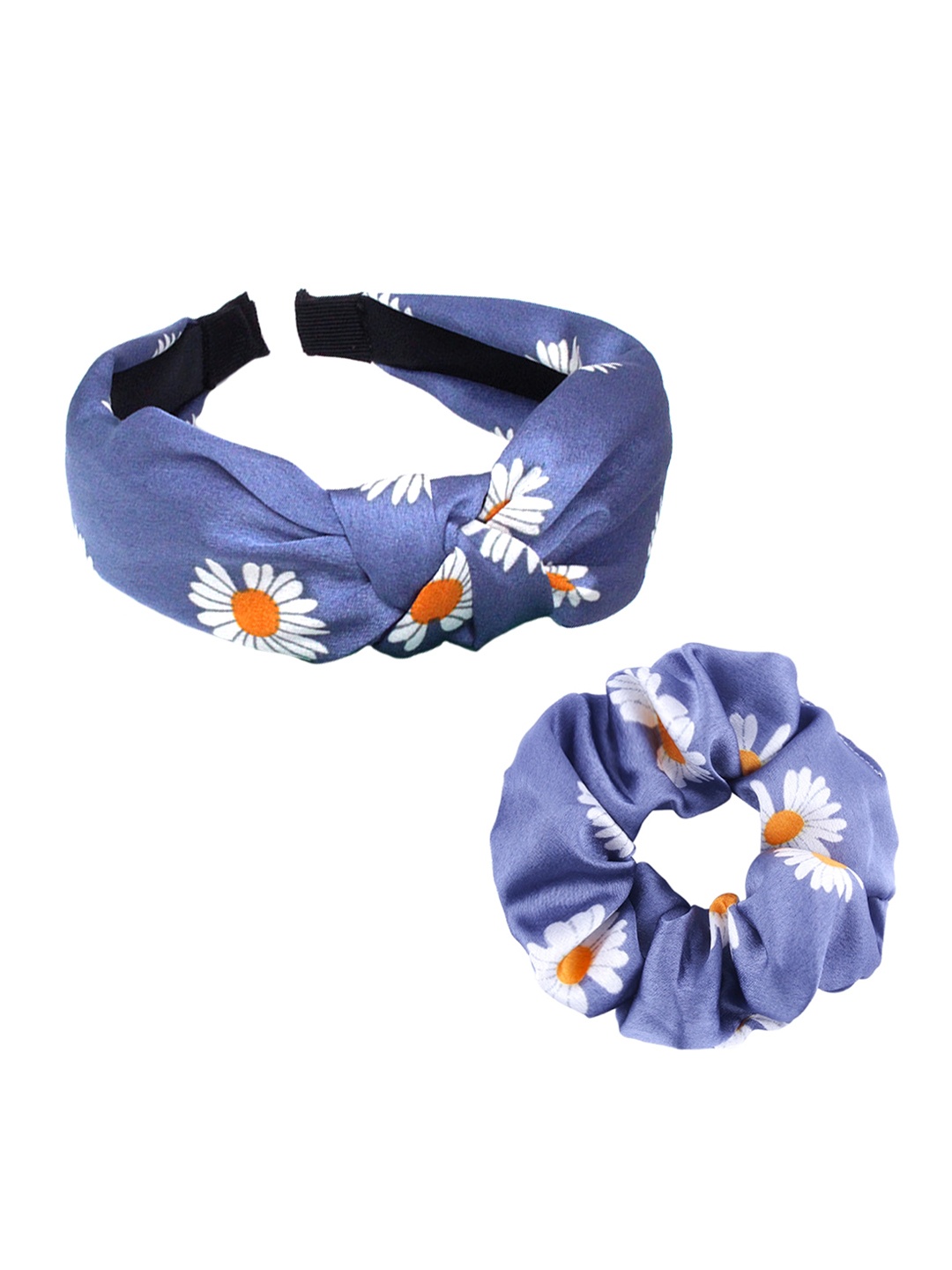 

Yellow Chimes Girls Set of 2 Blue & White Floral Printed Satin Hairband & Scrunchie