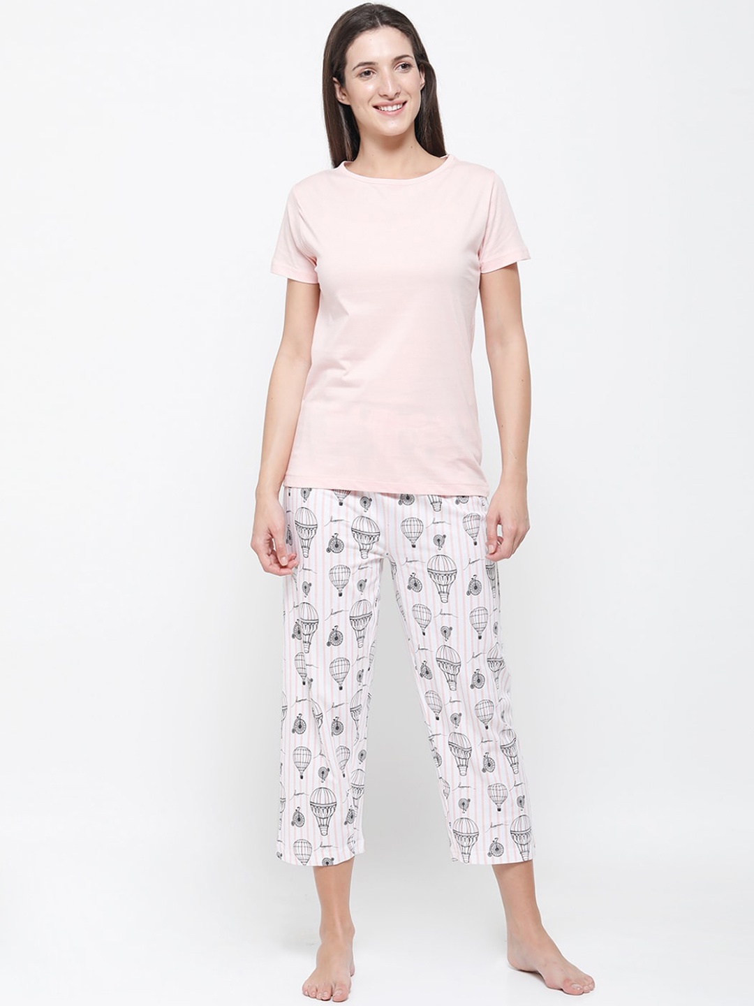 

De Moza Women Pink & White Cotton Night suit