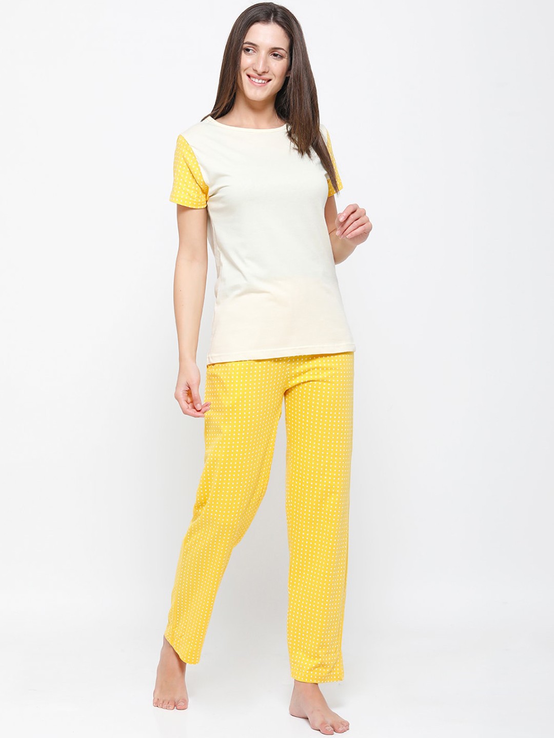 

De Moza Women Yellow Polka Dots Printed Cotton Lounge Pants