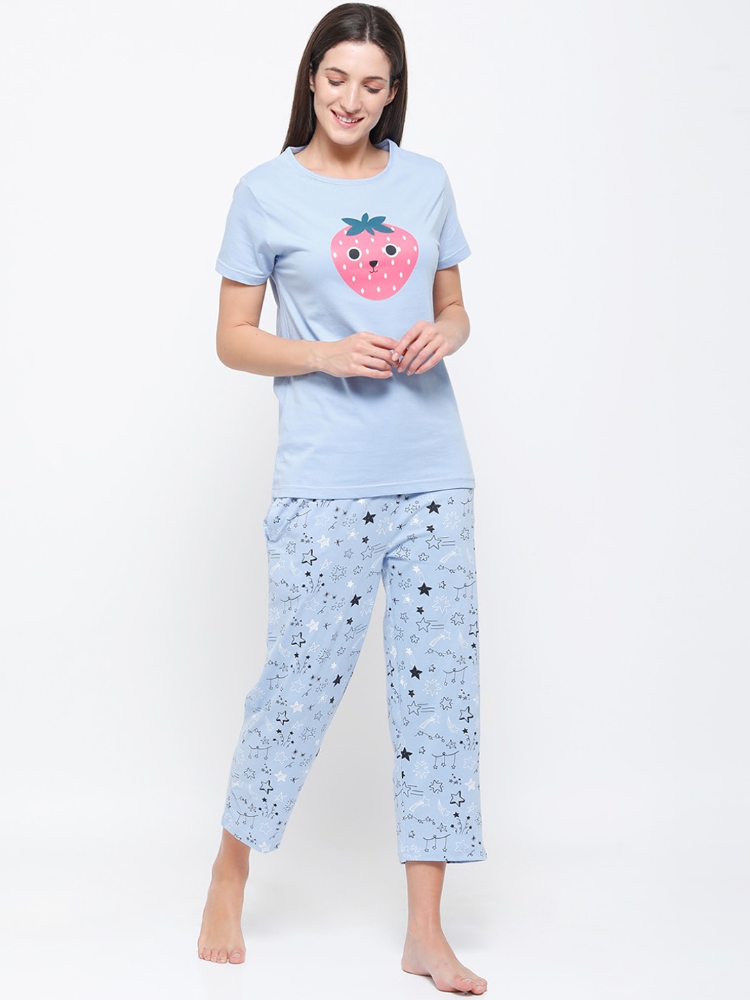 

De Moza Women Blue Printed Night suit