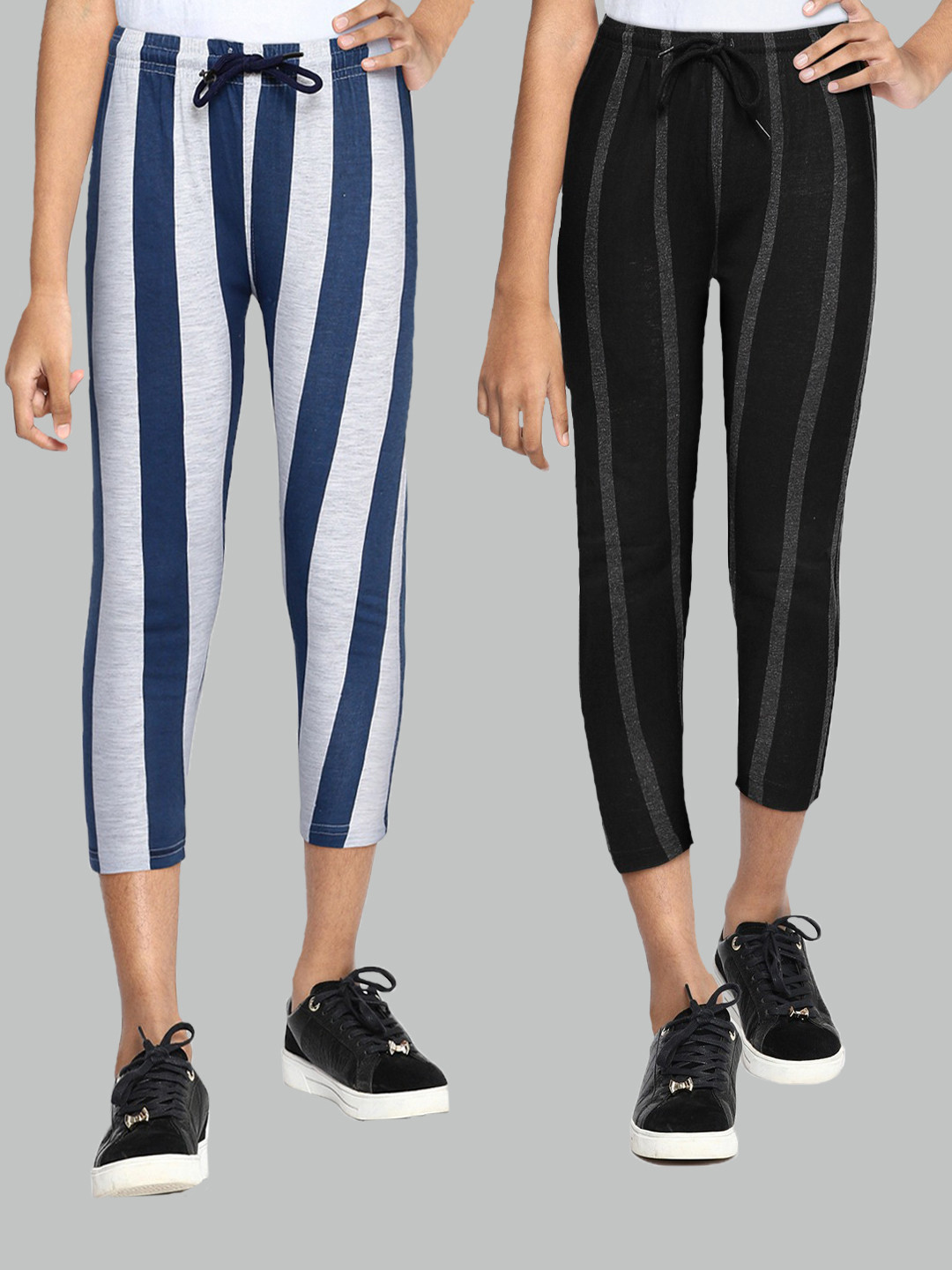 

SEYBIL Girls Pack Of 2 White & Grey Striped Cotton Capris