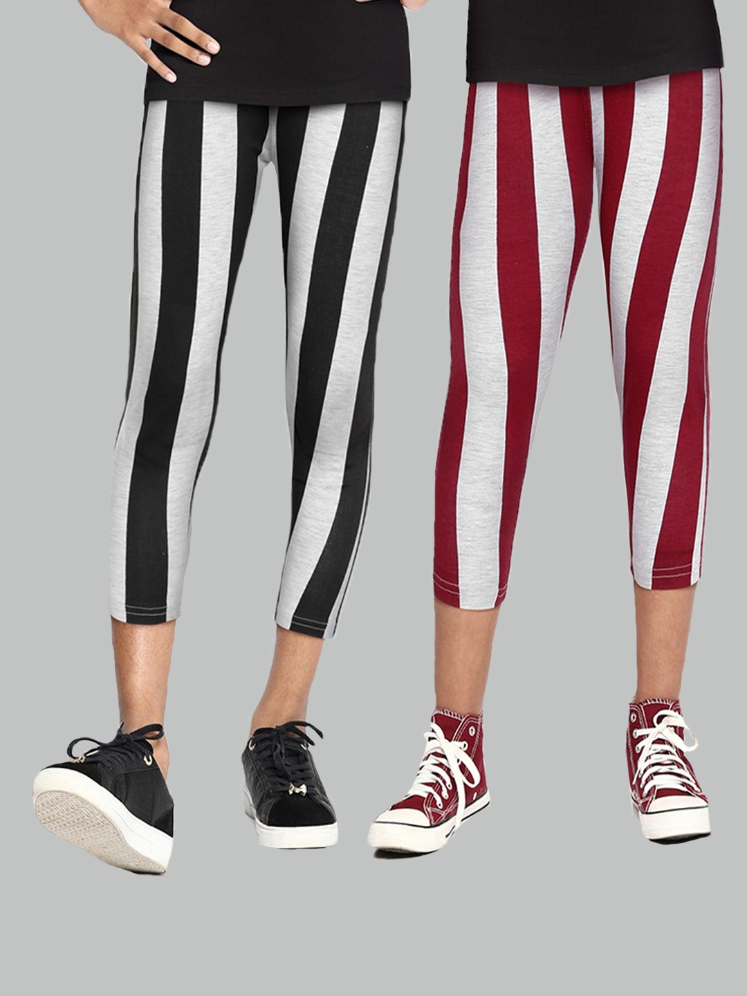 

SEYBIL Girls Grey Melange & White Striped Capris
