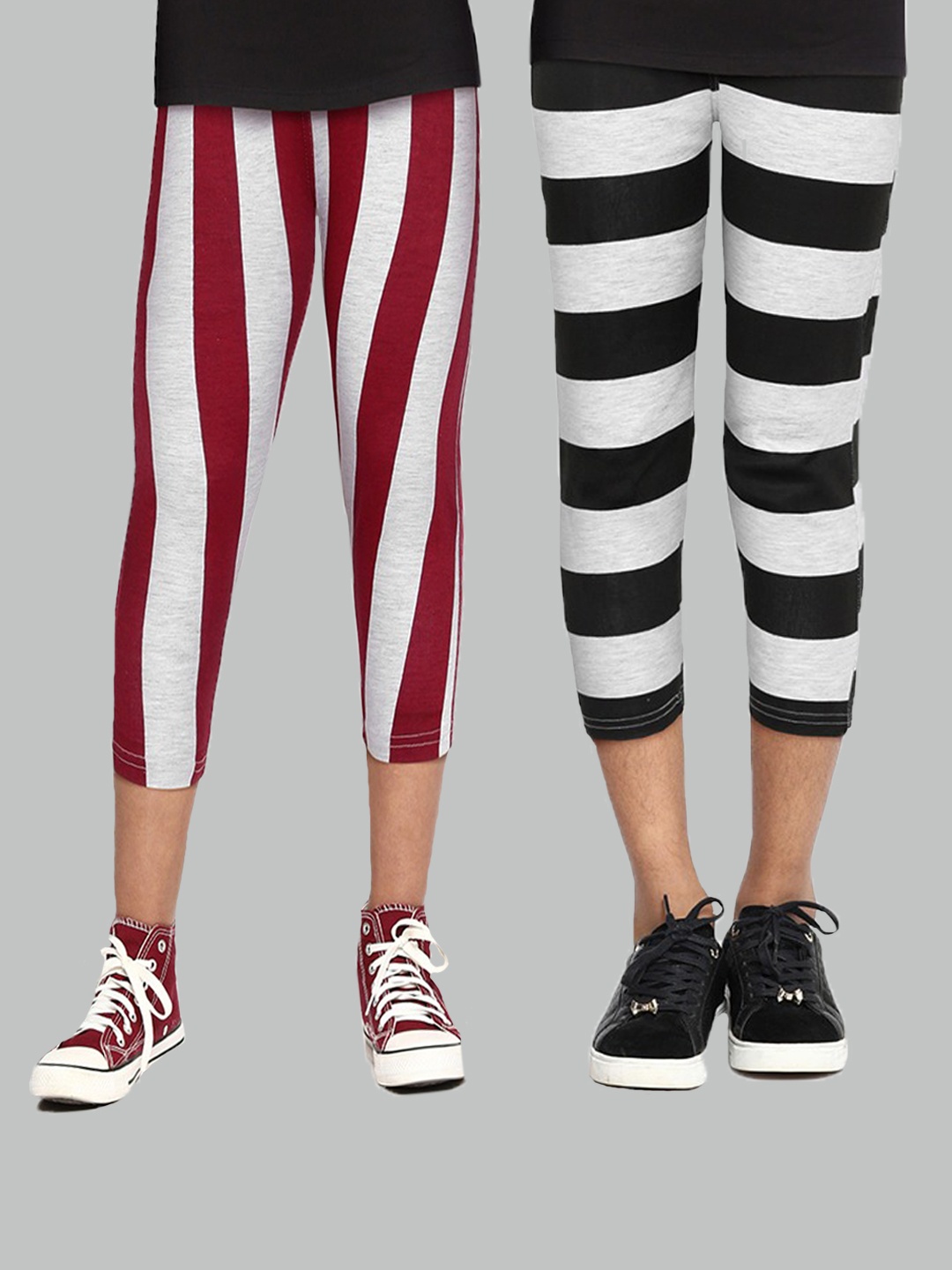 

SEYBIL Girls Black & Grey Melange Striped Capris