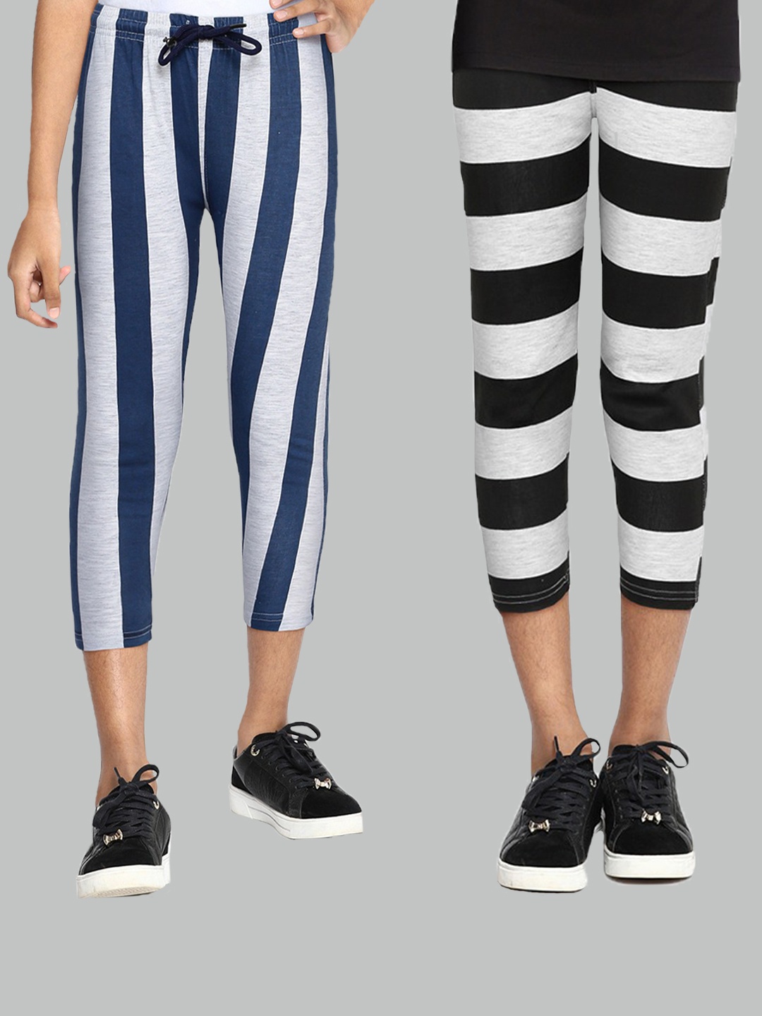 

SEYBIL Girls Pack Of 2 Grey Melange & White Striped Capris