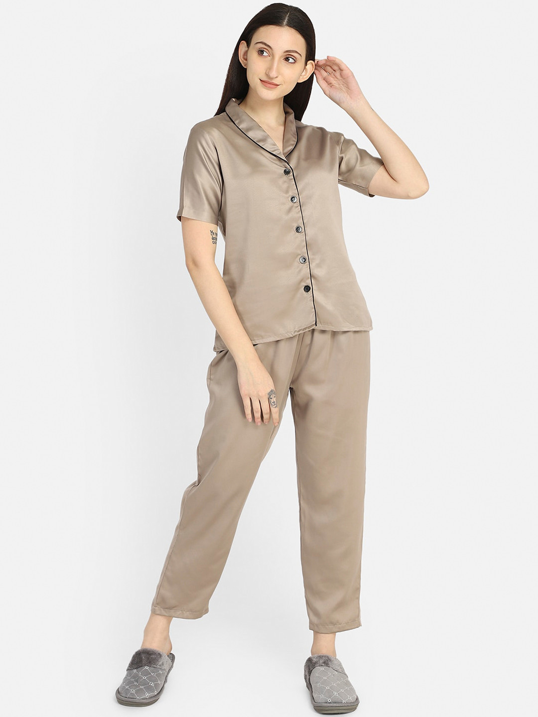 

Smarty Pants Women Camel Brown Solid Satin Night Suit