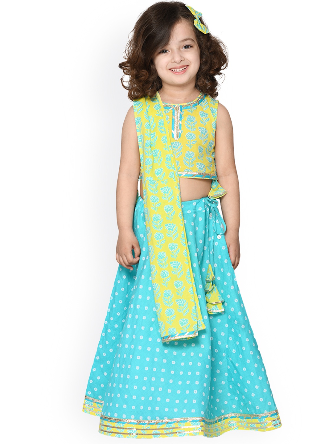 

SAKA DESIGNS Girls Blue & Green Printed Ready to Wear Lehenga & Blouse With Dupatta