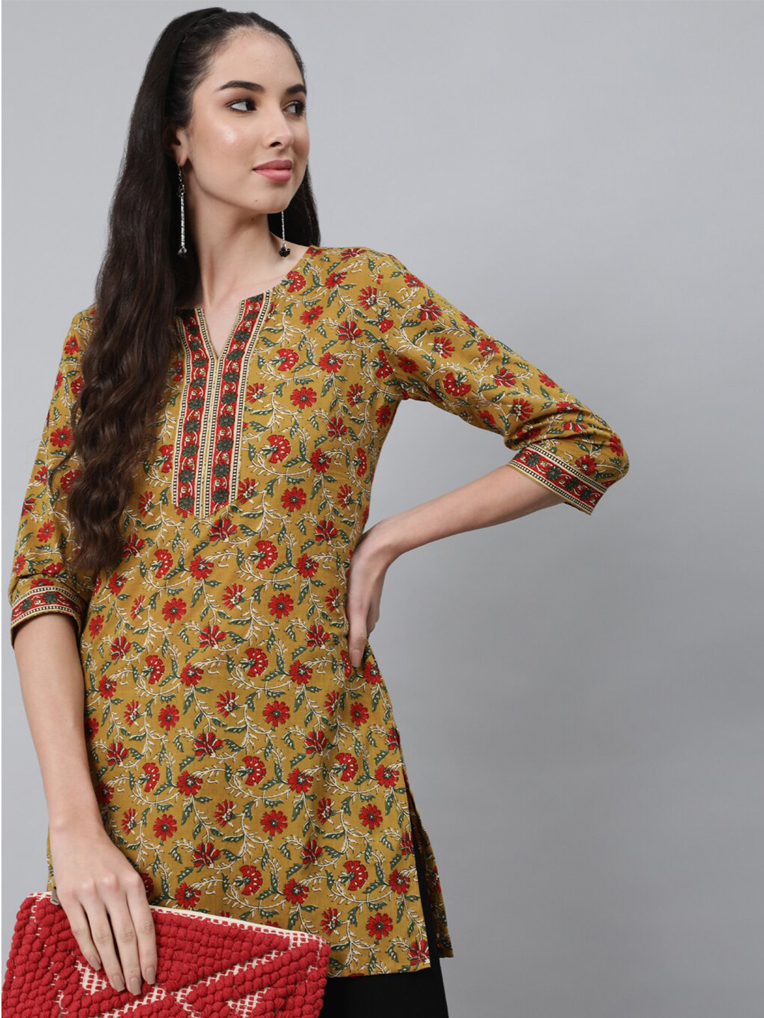 

Nayo Women Olive Green & Red Floral Printed Tunic