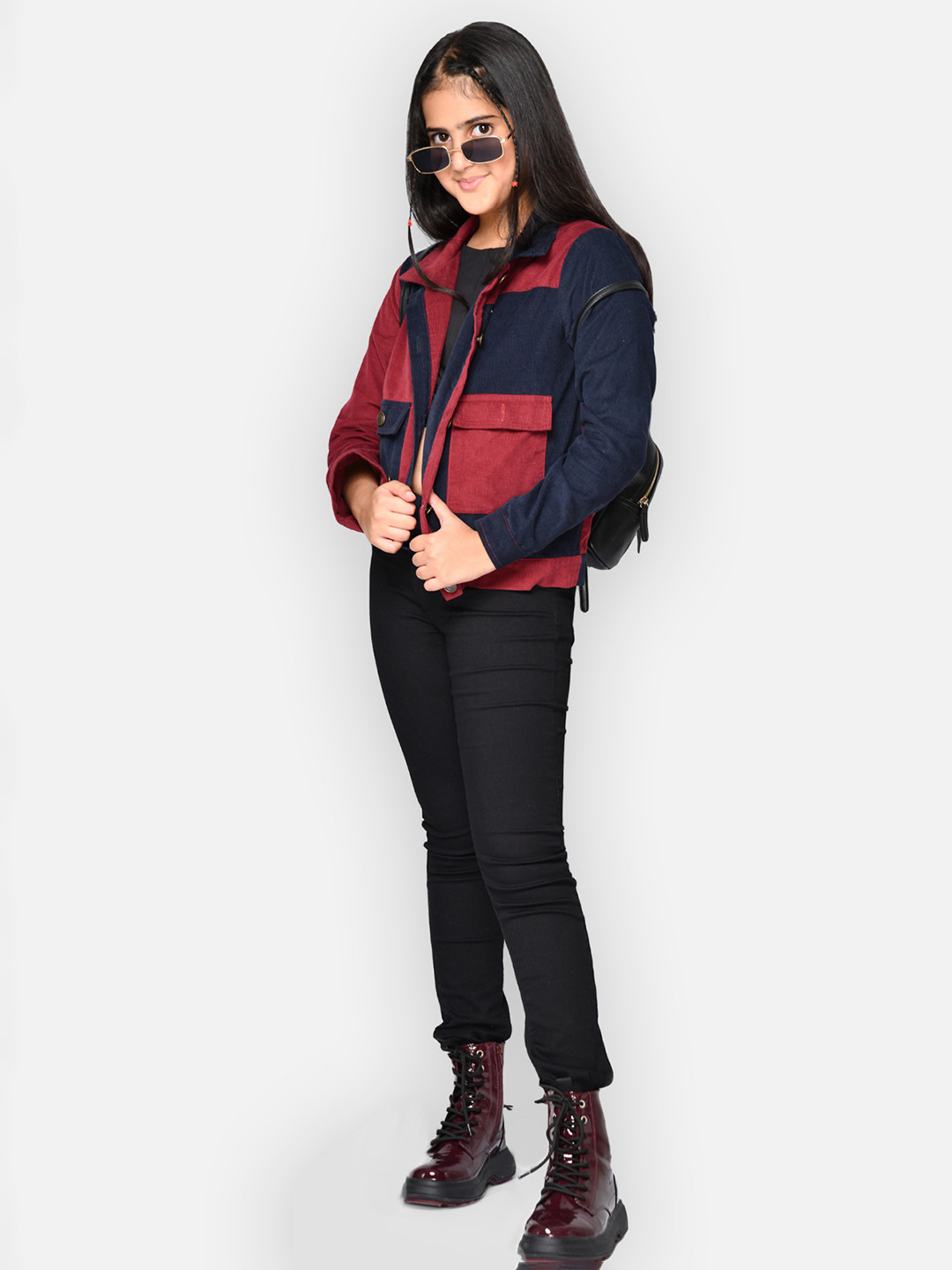 

Jade Garden Girls Red & Navy Blue Colourblocked Corduroy Jacket
