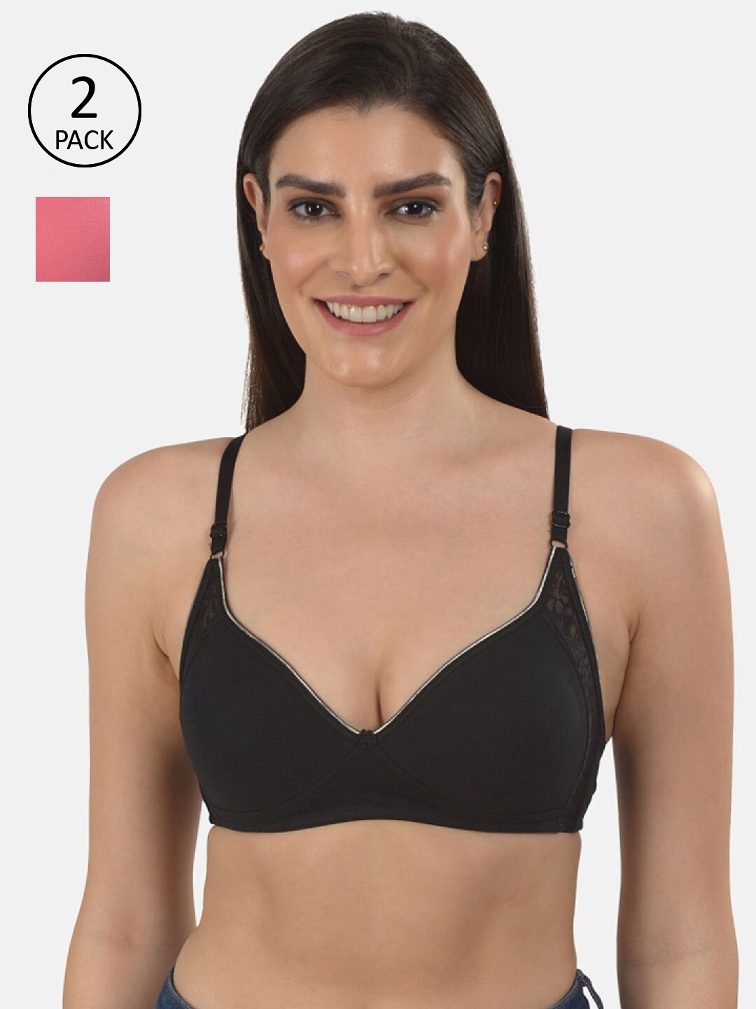 

mod & shy Pack of 2 Solid Non-Wired Non Padded Bra, Black