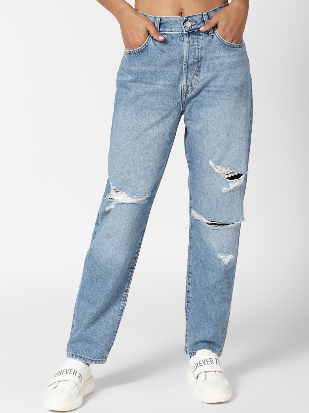 

FOREVER 21 Women Blue High-Rise Mildly Distressed Light Fade Jeans