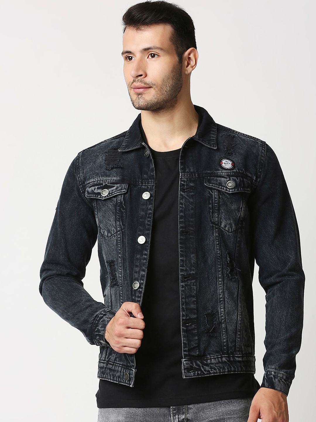 

High Star Men Black Washed Denim Jacket with Patchwork
