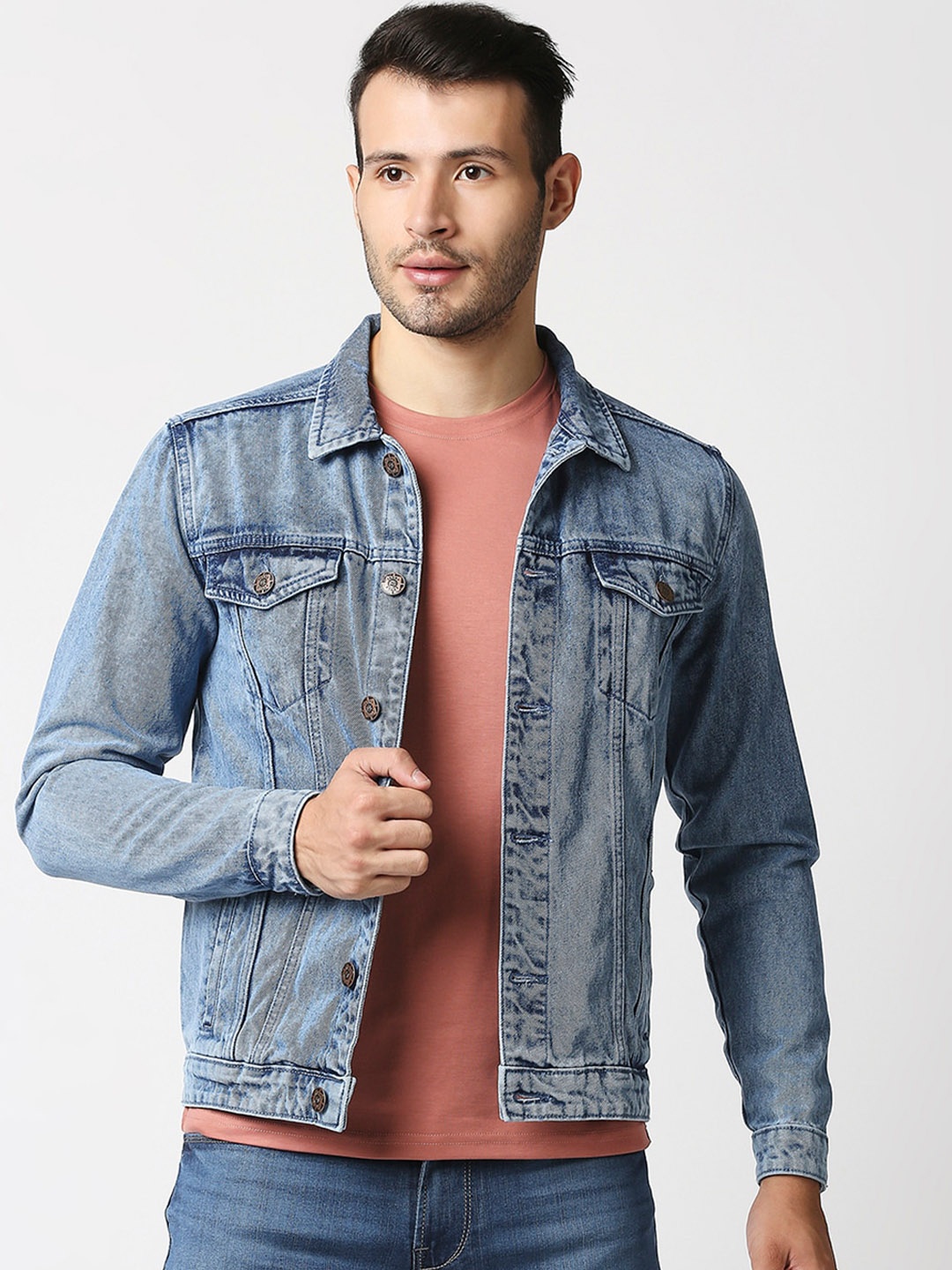 

High Star Men Blue Washed Crop Denim Jacket with Patchwork