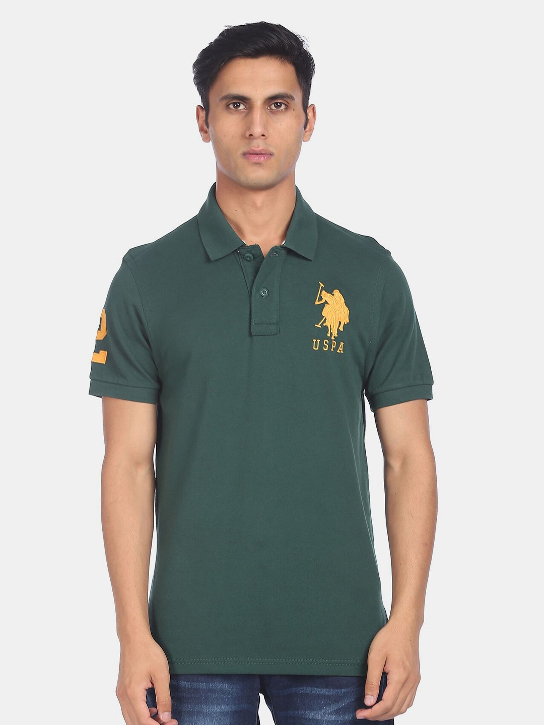 

U.S. Polo Assn. Men Green Solid Polo Collar T-shirt