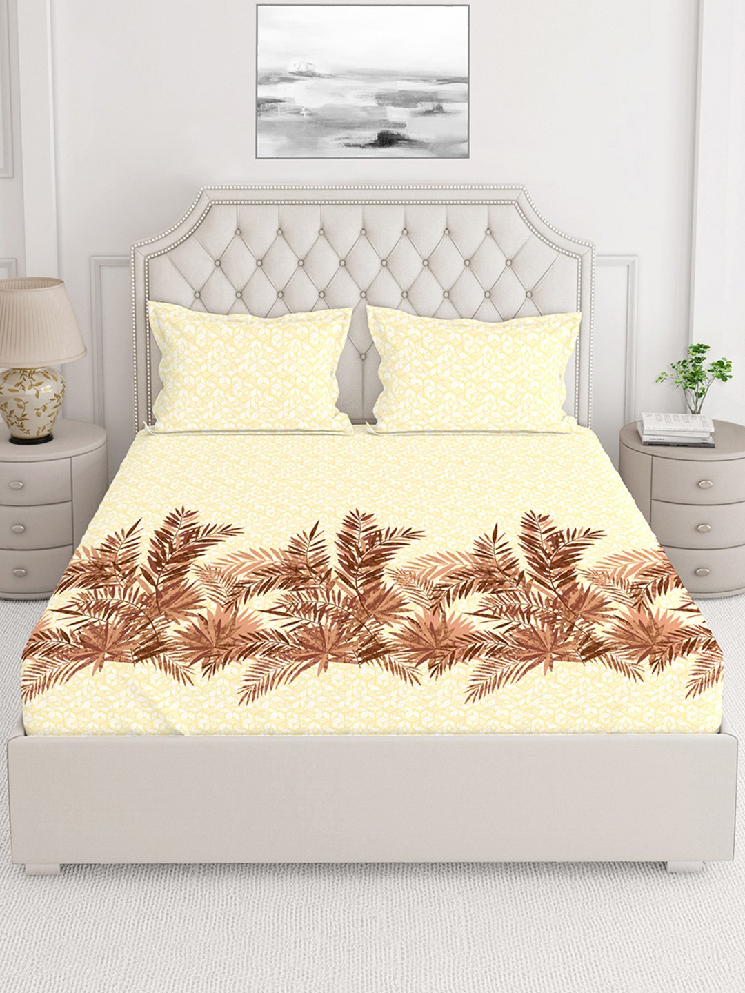 

Layers Yellow & Brown Floral 144 TC King Bedsheet with 2 Pillow Covers