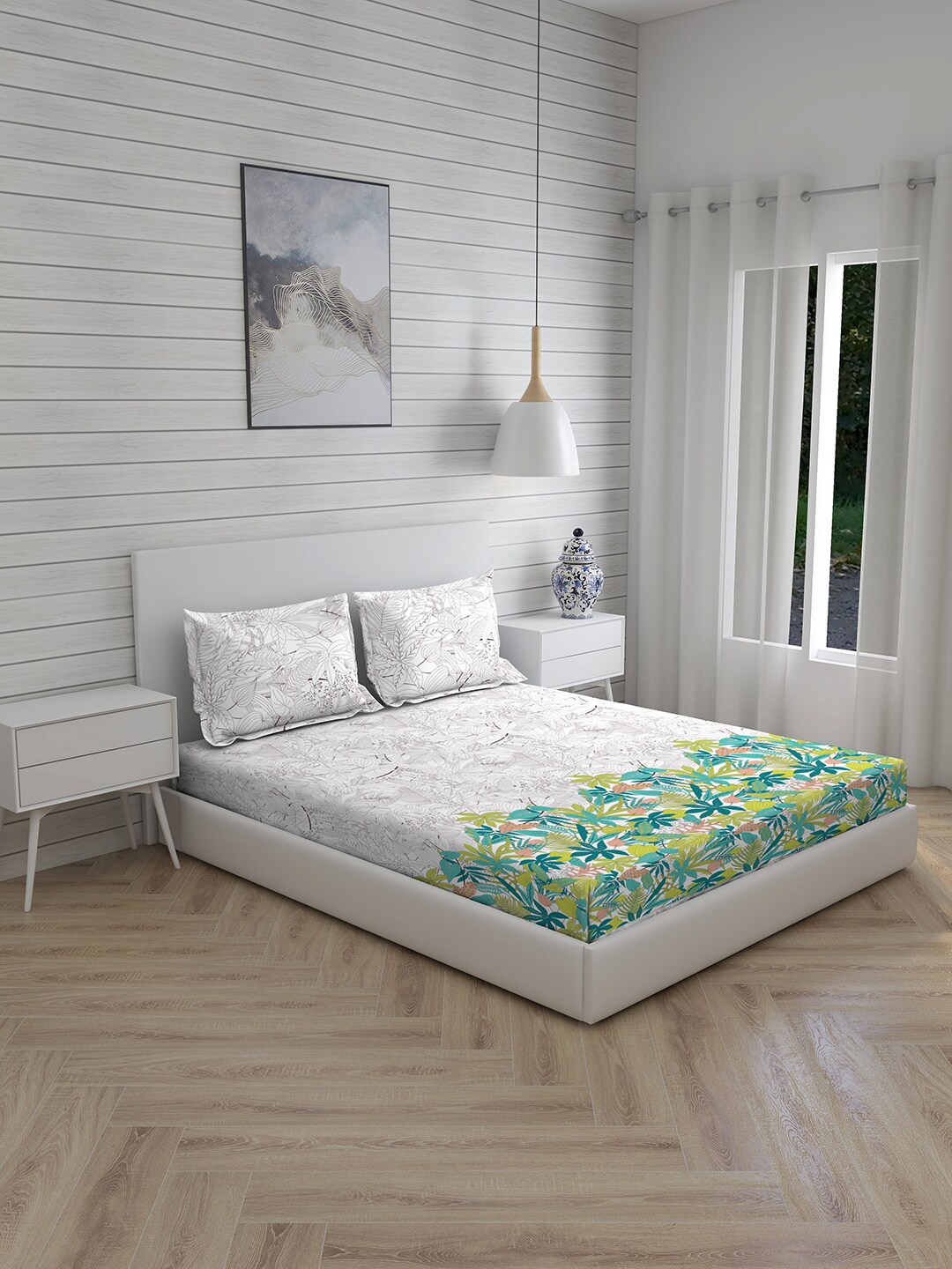 

Layers Green & White Floral 144 TC King Bedsheet with 2 Pillow Covers