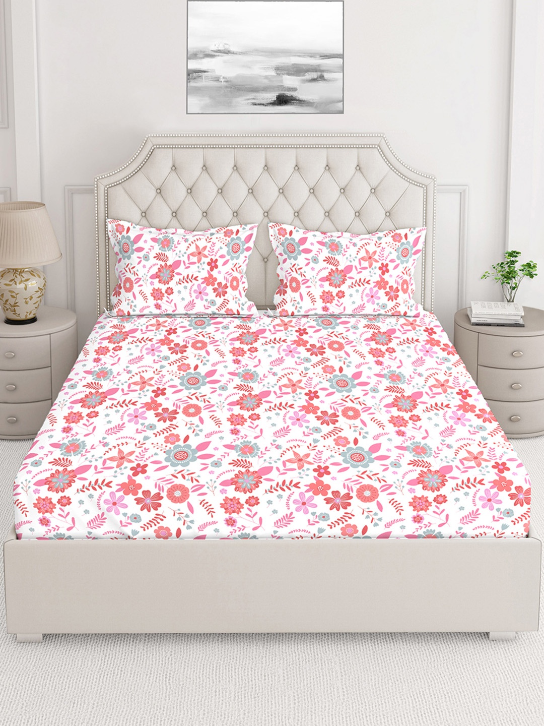 

Layers Unisex Pink & White Floral Printed 144 TC 1 King Bedsheet with 2 Pillow Covers