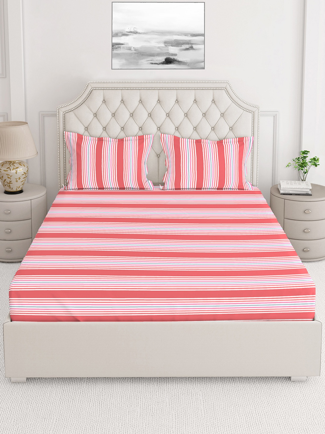 

Layers Pink & White Striped 144 TC King Bedsheet with 2 Pillow Covers