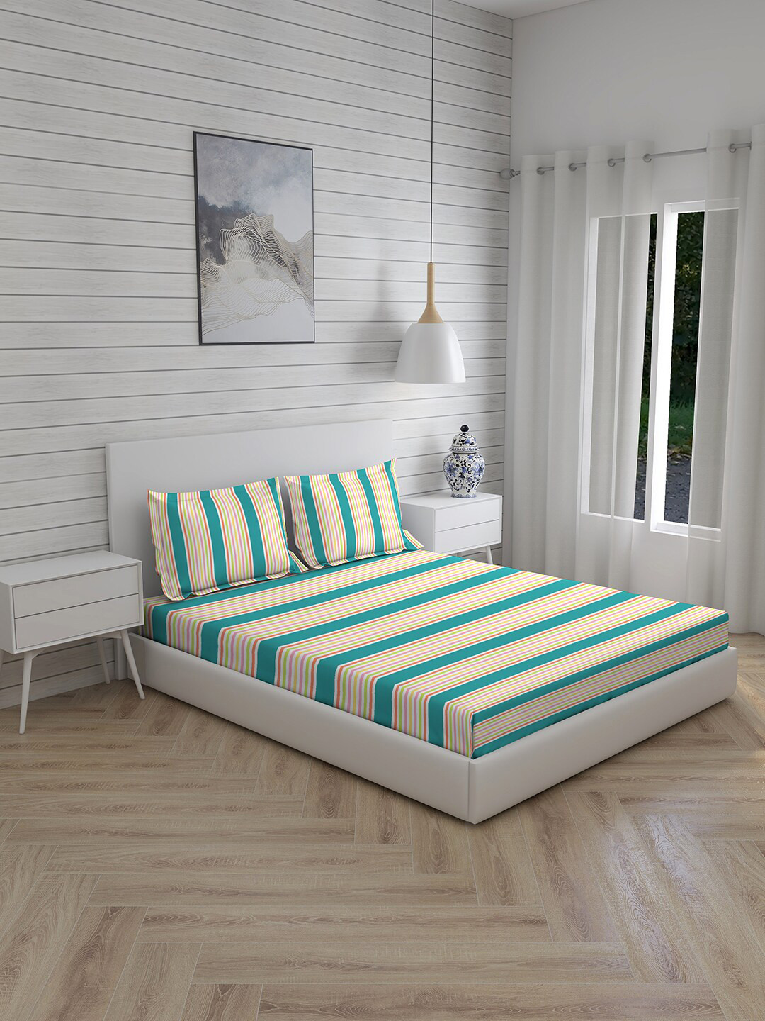 

Layers Green & Yellow Striped 144 TC Cotton King Bedsheet with 2 Pillow Covers