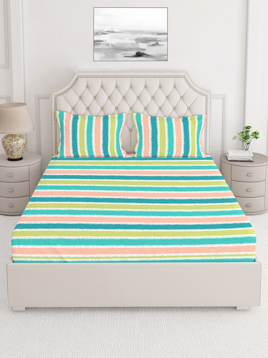 

Layers Green Striped 144 TC MIAMI King Bedsheet with 2 Pillow Covers