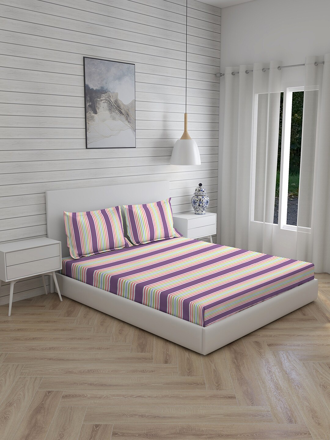 

Layers Purple & Pink Striped Pure Cotton 144 TC King Bedsheet with 2 Pillow Covers