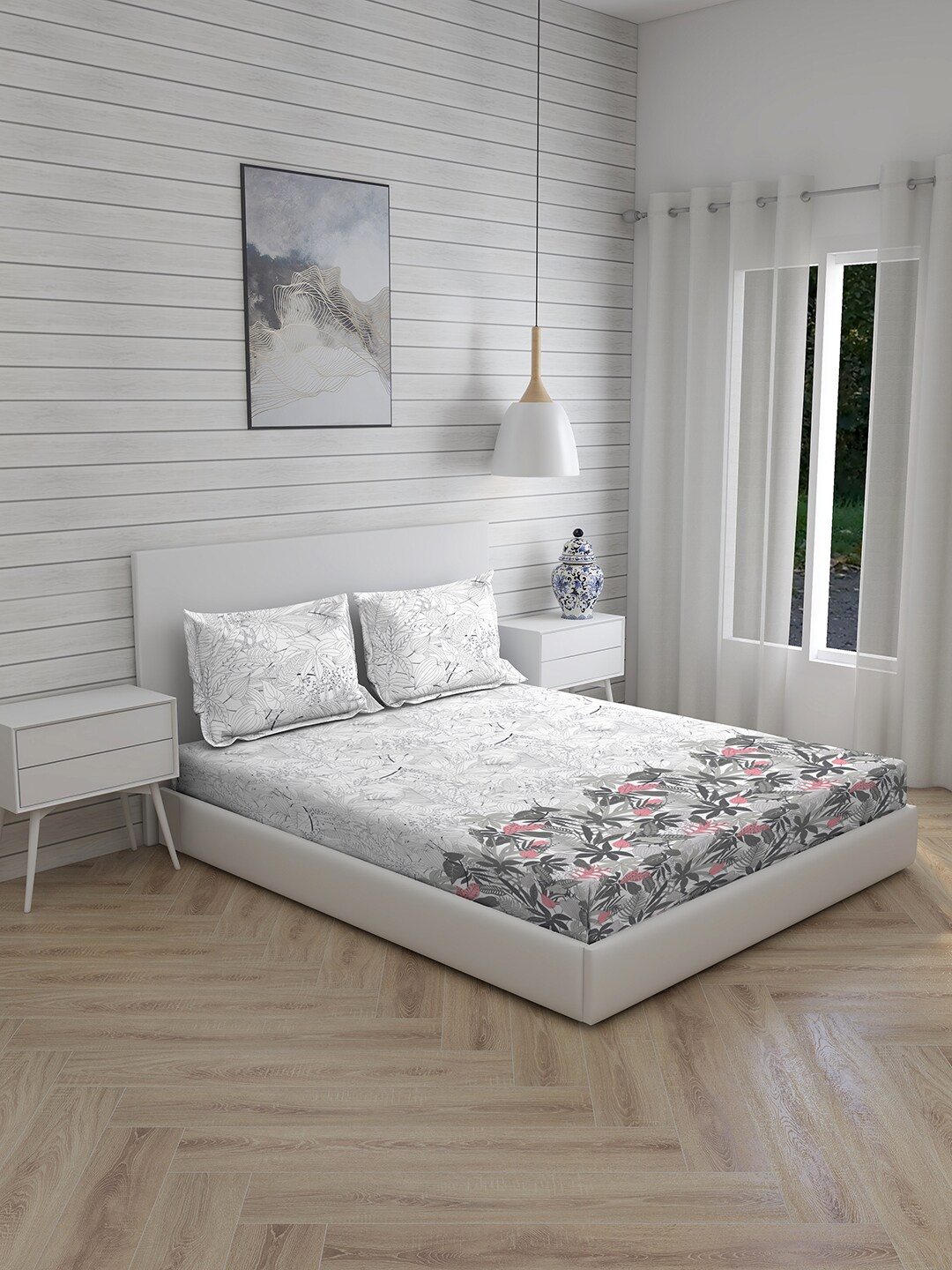 

Layers Grey & Black Floral 144 TC King Bedsheet with 2 Pillow Covers