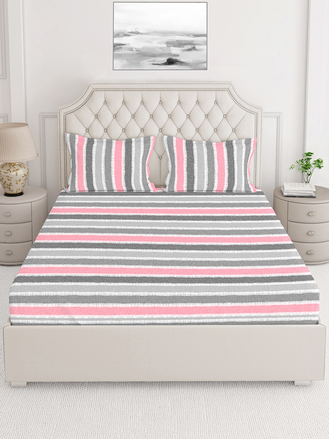 

Layers Grey & Pink Striped 144 TC King Bedsheet with 2 Pillow Covers