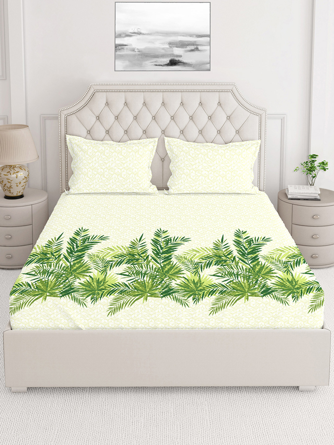 

Layers Green & White Floral 144 TC Cotton King Bedsheet with 2 Pillow Covers