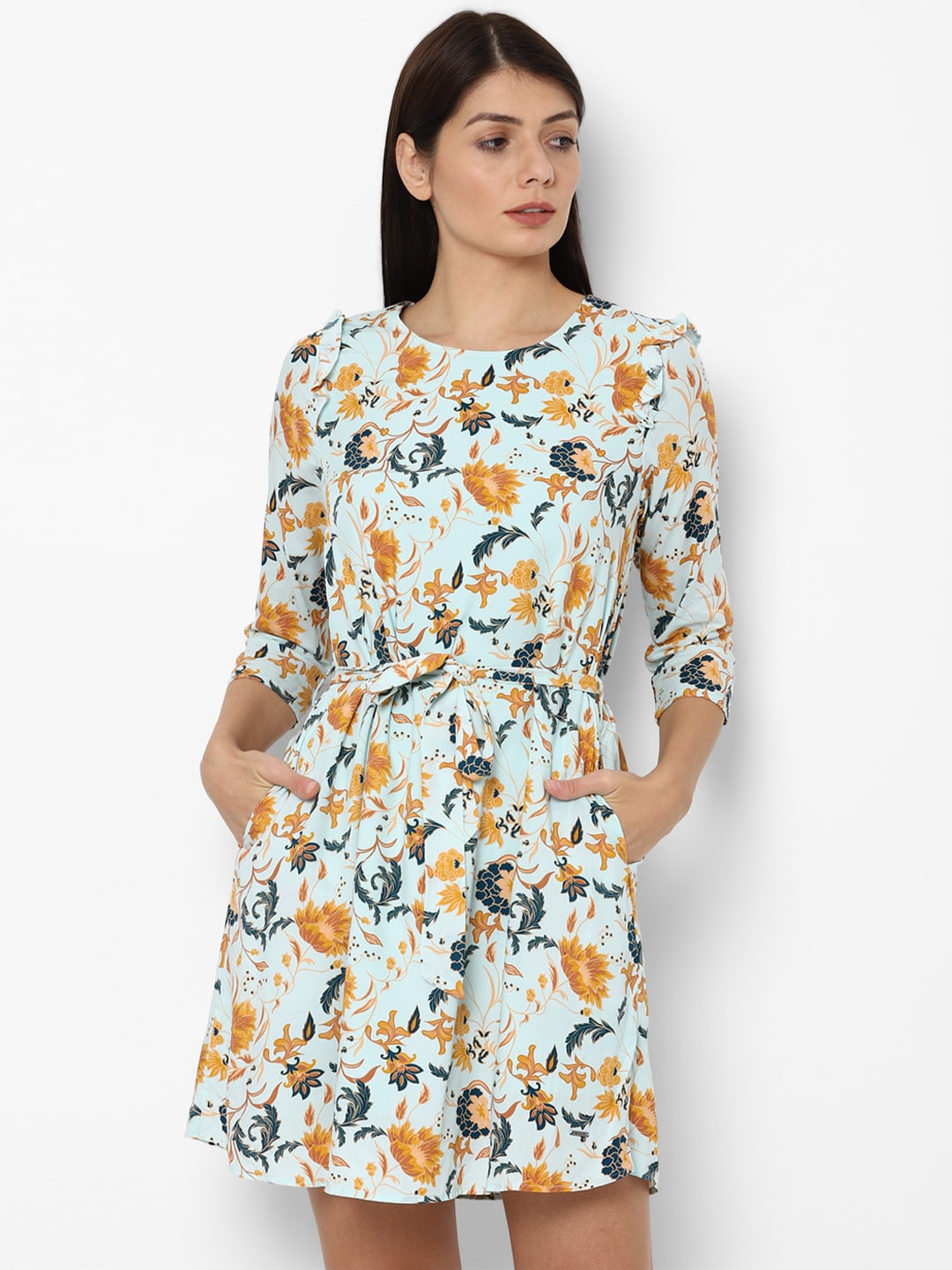 

Allen Solly Woman Women Blue & Mustard Yellow Floral round Neck Fit & Flare Dress