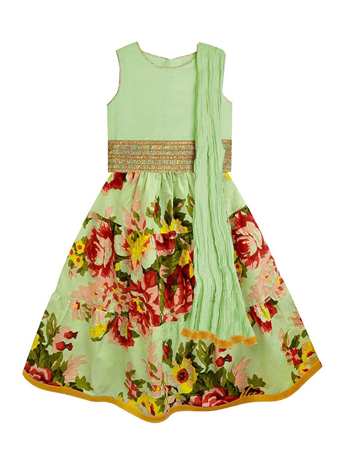 

A T U N Girls Sea Green & Red Embellished Ready to Wear Lehenga & Blouse With Dupatta