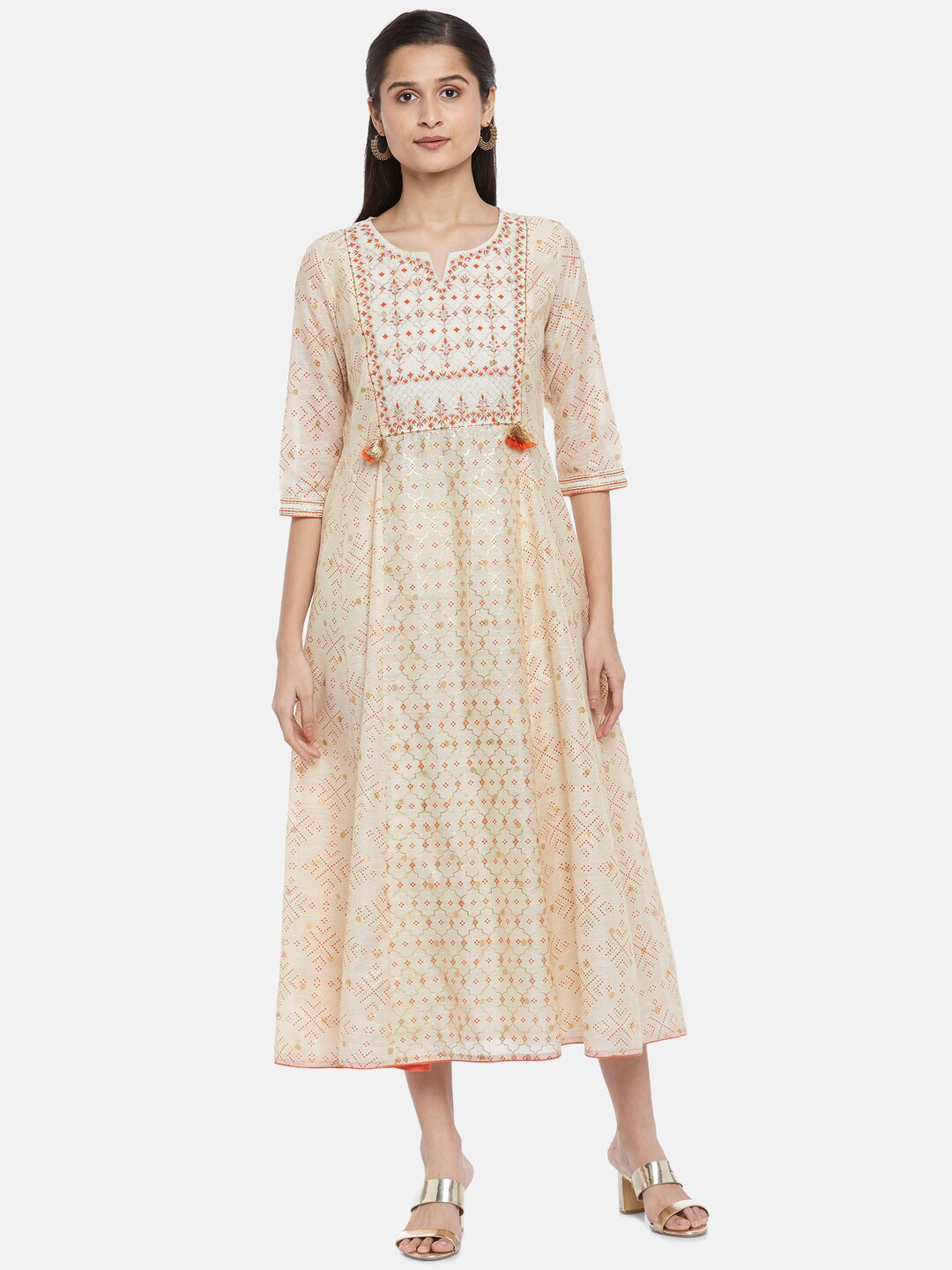 

RANGMANCH BY PANTALOONS Beige & Orange Ethnic Motifs Ethnic Midi Dress