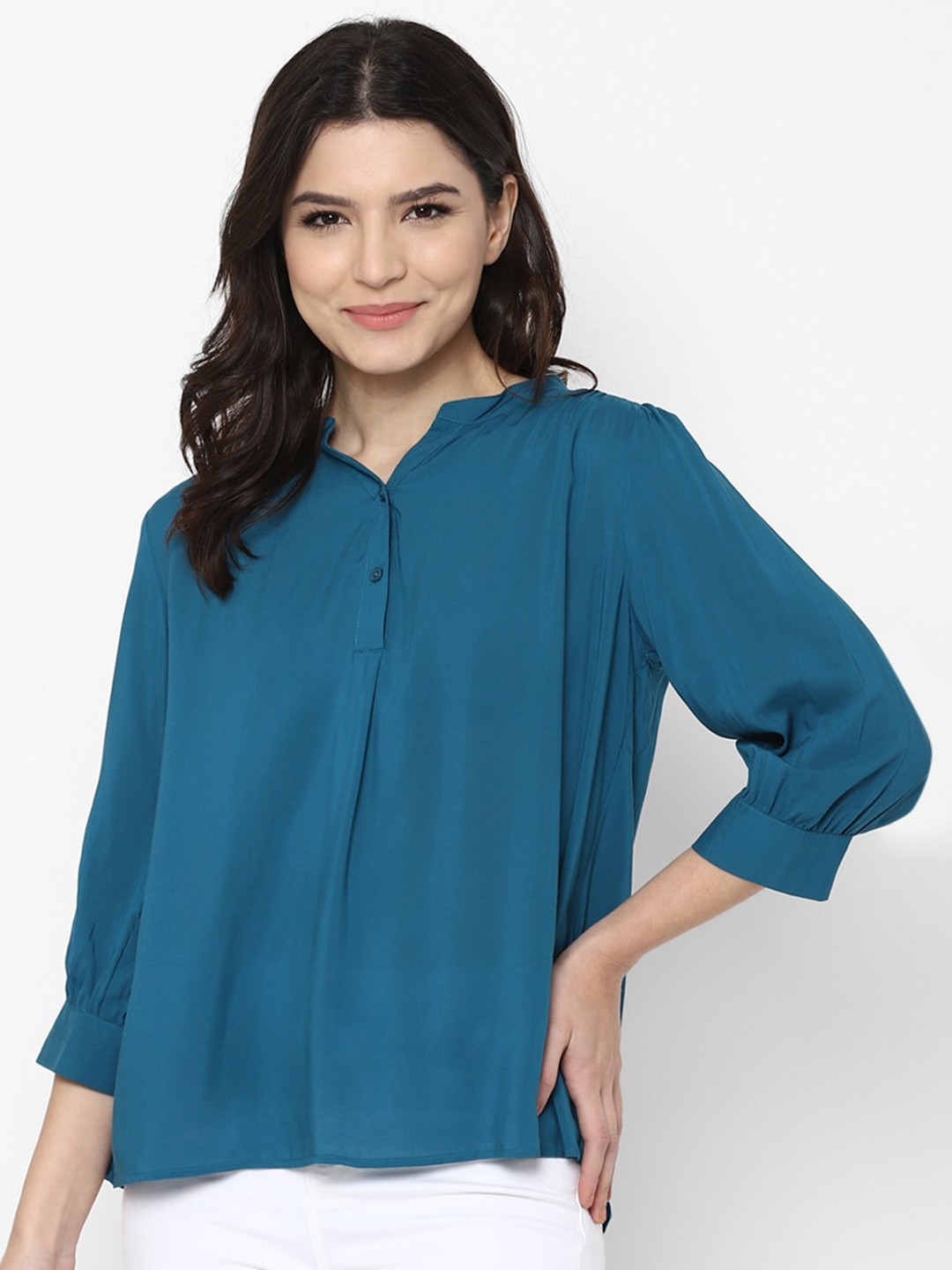 

Allen Solly Woman Blue Mandarin Collar Shirt Style Top