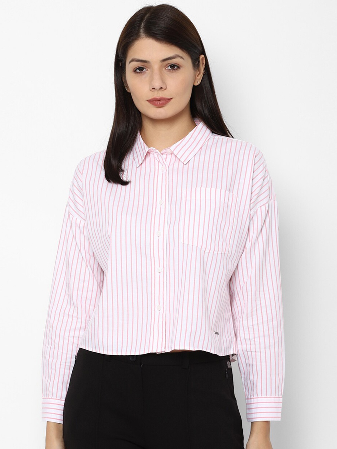 

Allen Solly Woman Pink & Off White Striped Shirt Style Pure Cotton Top
