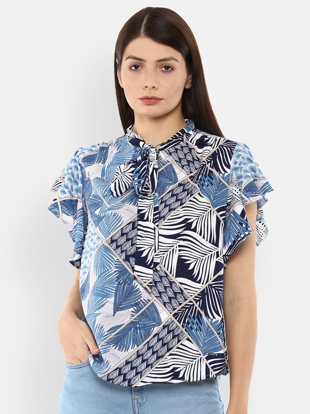 

Van Heusen Woman Women Blue Geometric Print Tie-Up Neck Top