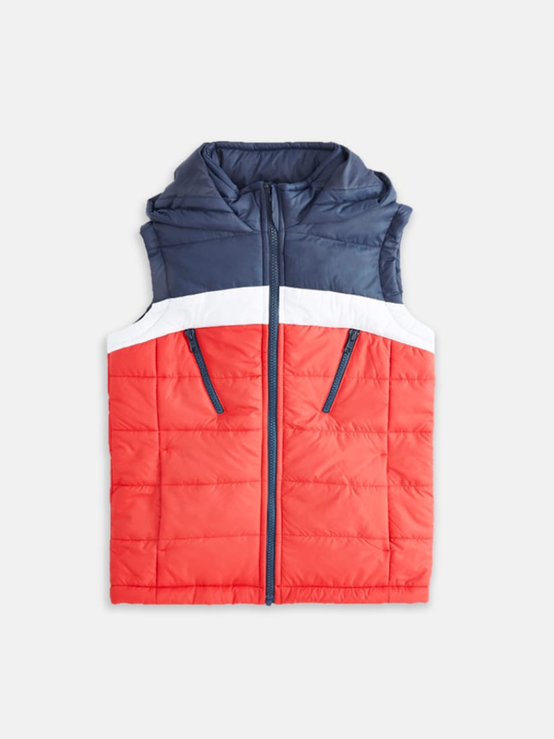 

Pantaloons Junior Boys Red White Colourblocked Hooded Padded Jacket