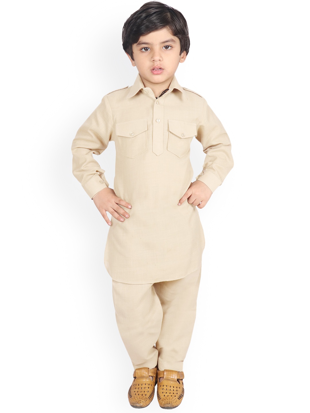 

SG YUVRAJ Boys Khaki Pure Cotton Pathani Kurta with Pyjamas