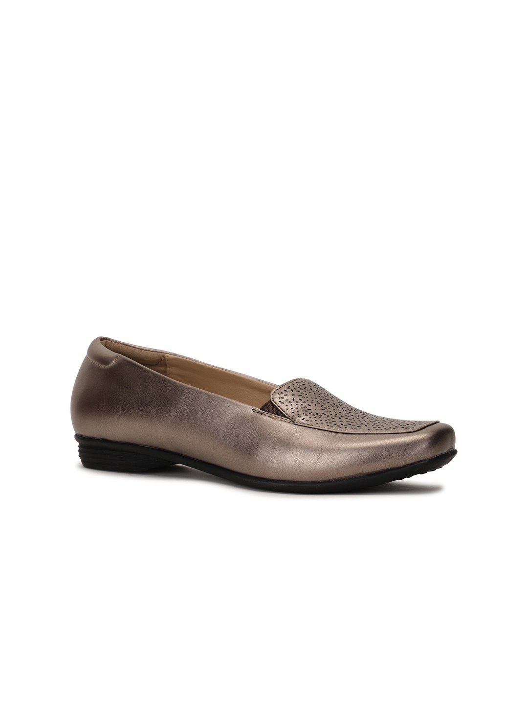 

Bata Women Gunmetal-Toned Textured Leather Party Ballerinas with Laser Cuts Flats, Metallic